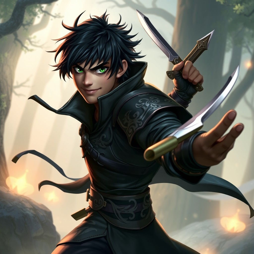 A dynamic Dungeons and Dragons character named Sharper, featuring an agile and confident pose