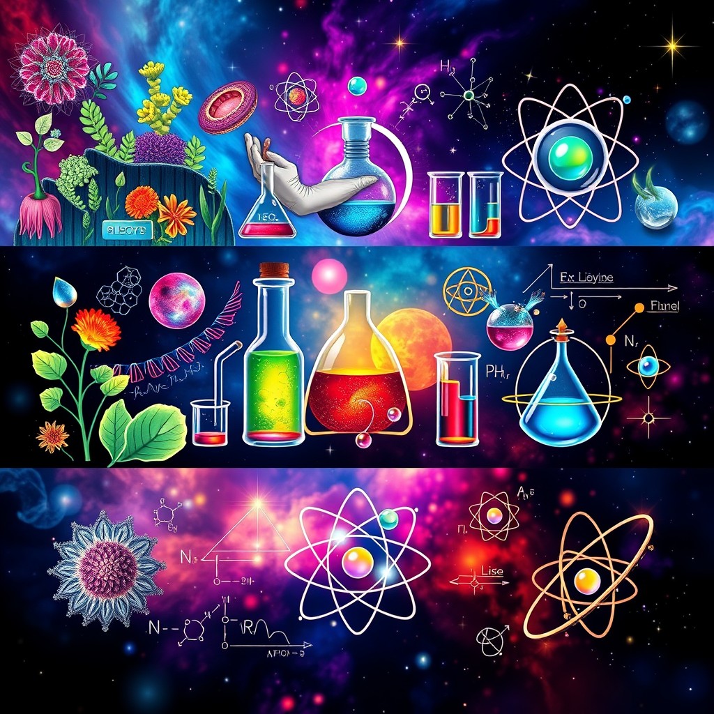 A visually captivating representation of a science theme that includes elements of biology, chemistry, and physics