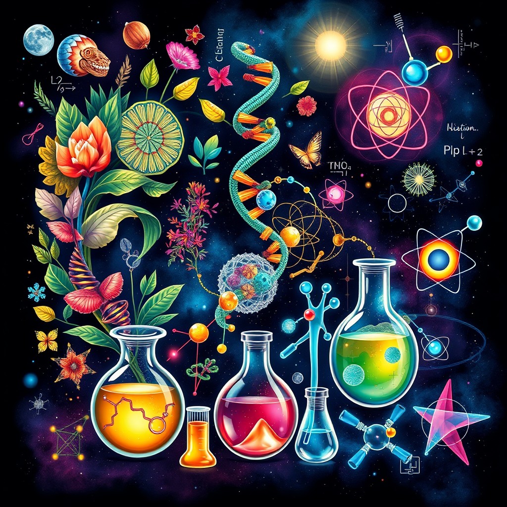 A visually stunning and dynamic illustration that embodies a science theme, integrating the fields of biology, chemistry, and physics