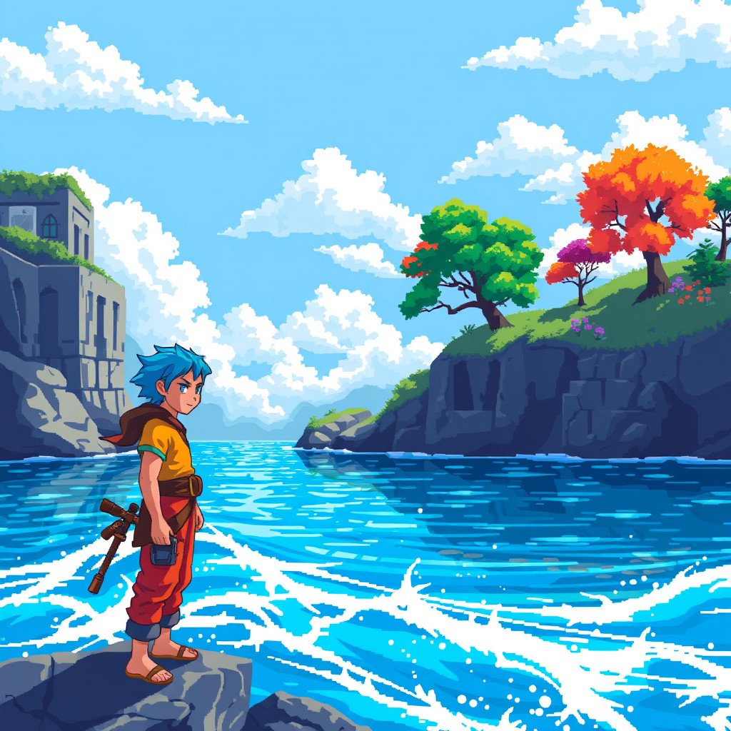 An epic pixel art scene featuring a male character with striking blue hair standing by the water's edge