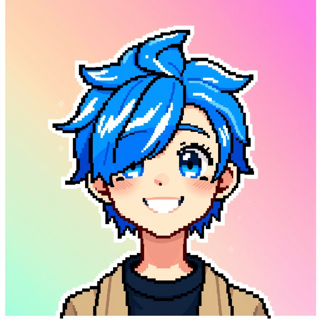 A pixel art profile picture (PFP) featuring a male character with vivid blue hair