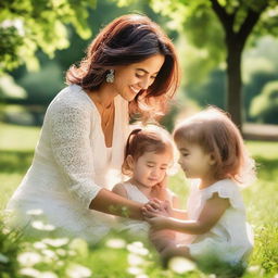 An affectionate mother joyfully playing with her children in a sunlit park, the backdrop filled with lush greenery and blooming flowers.