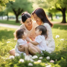 An affectionate mother joyfully playing with her children in a sunlit park, the backdrop filled with lush greenery and blooming flowers.