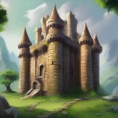 In the fantasy world, the ancient castle was made of brownish-grey stones that stood tall against the lush green landscape.