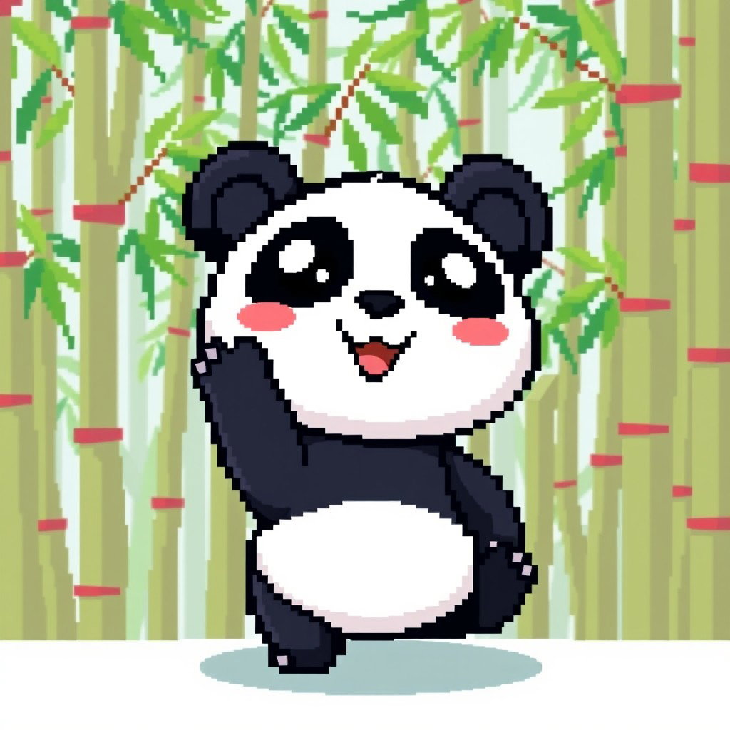 A cute pixel-style panda icon for a profile picture, featuring a joyful expression, large round eyes, and a playful pose