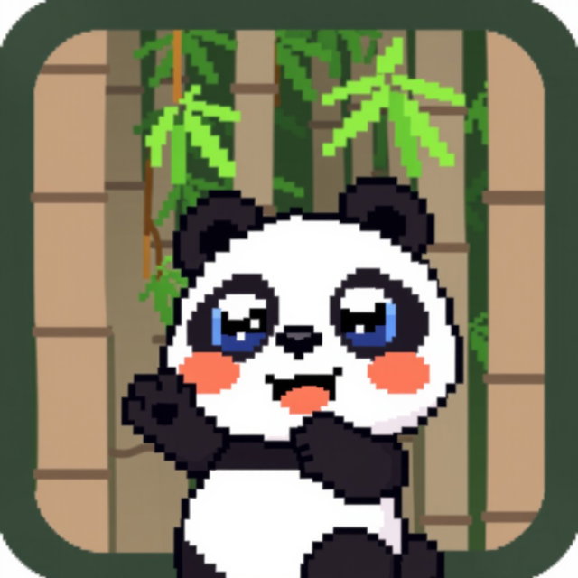 A cute pixel-style panda icon for a profile picture, featuring a joyful expression, large round eyes, and a playful pose
