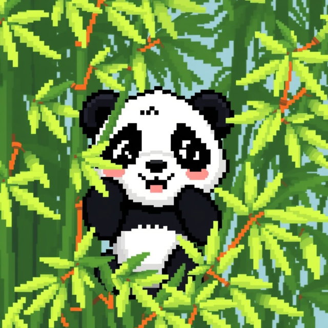 A cute pixel-style panda icon for a profile picture, depicted small and intricately detailed, with a joyful expression and large round eyes