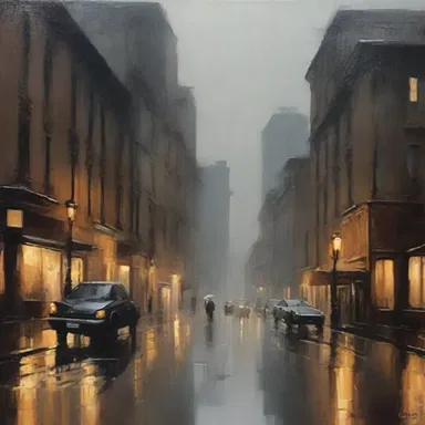 The artist used a palette of brownish-grey shades to create a moody and atmospheric painting of a rainy cityscape.
