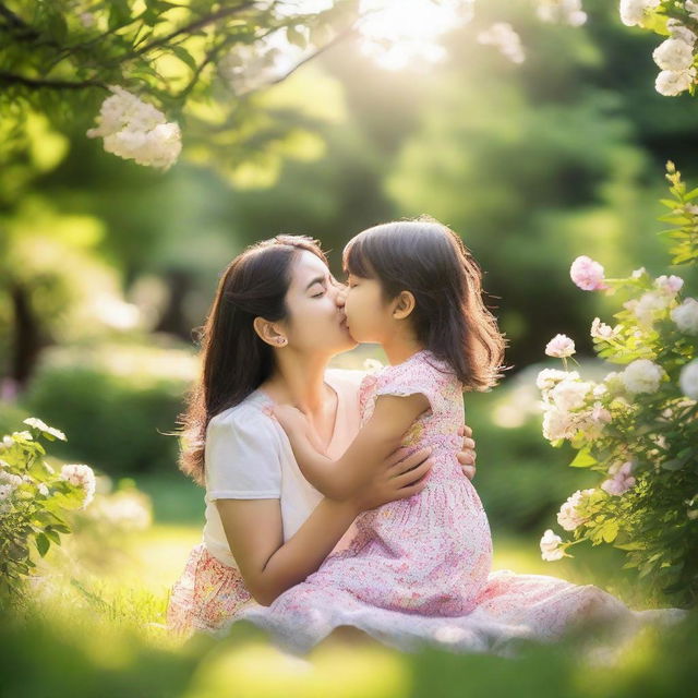 An affectionate mother joyfully playing with her children in a sunlit park, the backdrop filled with lush greenery and blooming flowers.