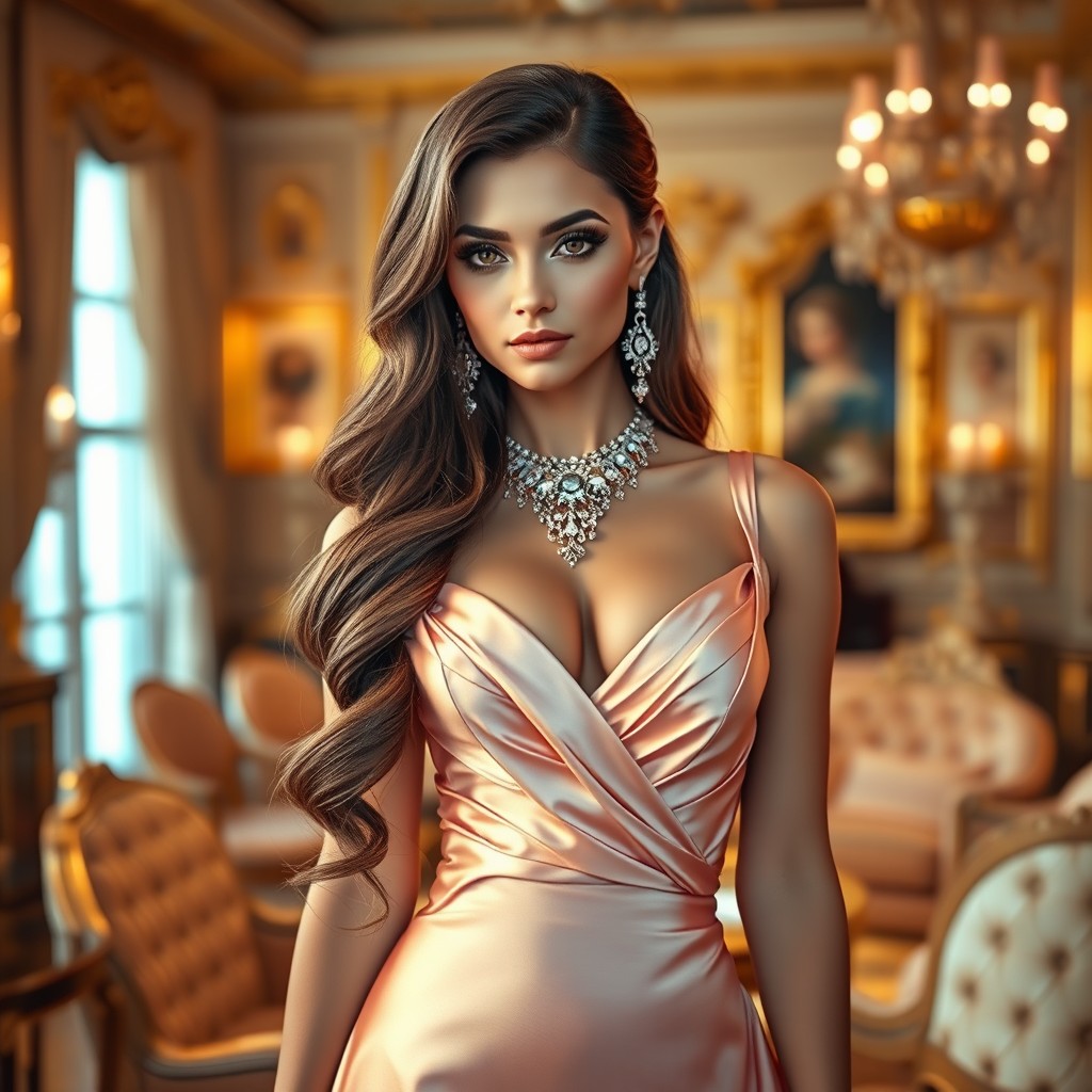 A rich and elegant girl with stunning long hair, wearing an exquisite and elegant dress made of luxurious fabric