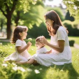 An affectionate mother joyfully playing with her children in a sunlit park, the backdrop filled with lush greenery and blooming flowers.