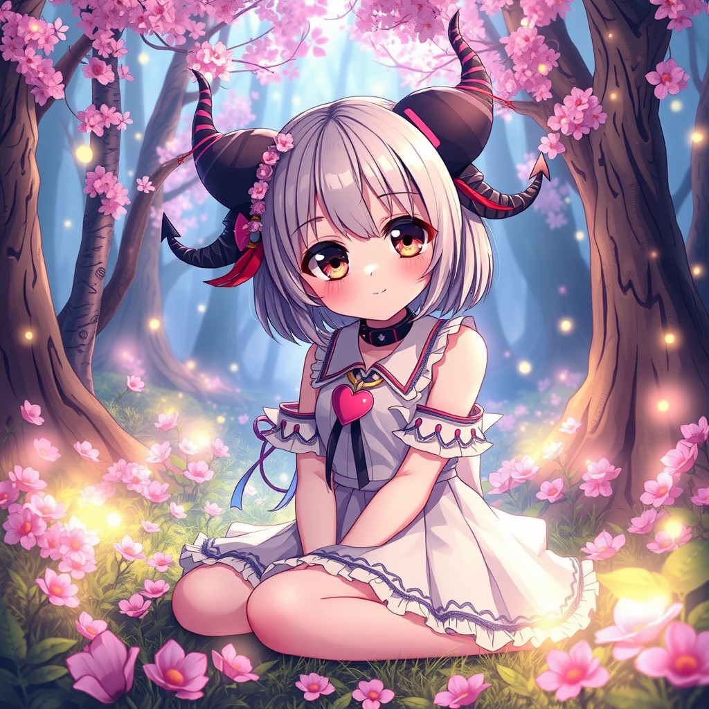 An anime girl with horns and large expressive eyes, wearing a stylish collar adorned with a heart-shaped tag, sitting gracefully in a magical forest