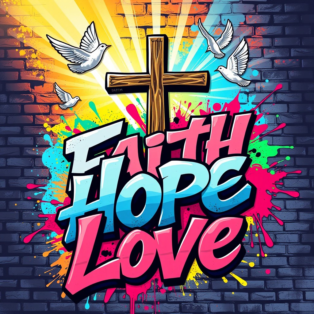 A vibrant and colorful graffiti-style artwork depicting a Christian theme, incorporating symbols like the cross, doves, and light rays