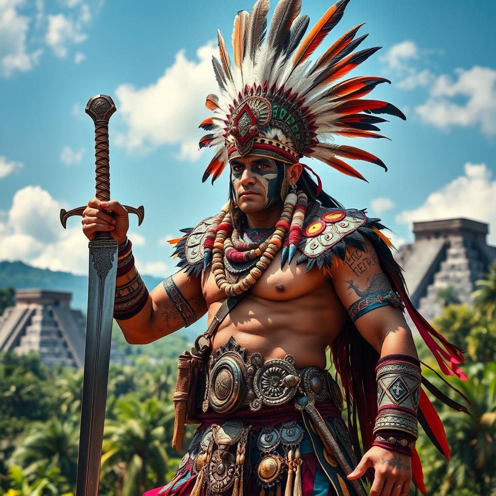 A fierce Aztec warrior, dressed in ornate traditional armor adorned with intricate feather patterns and bright colors