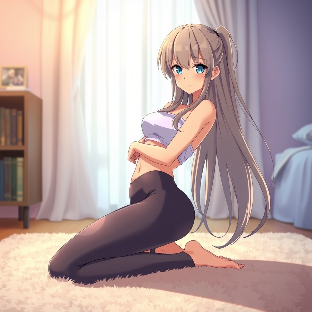 An anime-style female character inspired by Eco (Eiko) Rykers from Seikoku no Dragonar, gracefully kneeling on a soft carpet