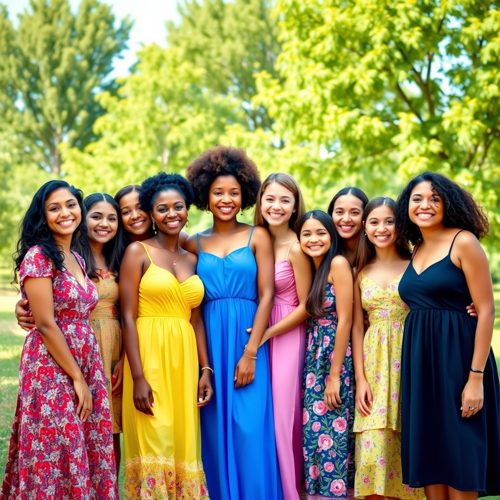 A diverse group of women and girls of different ethnicities and backgrounds standing together in a vibrant outdoor setting, wearing colorful summer dresses and smiling joyfully