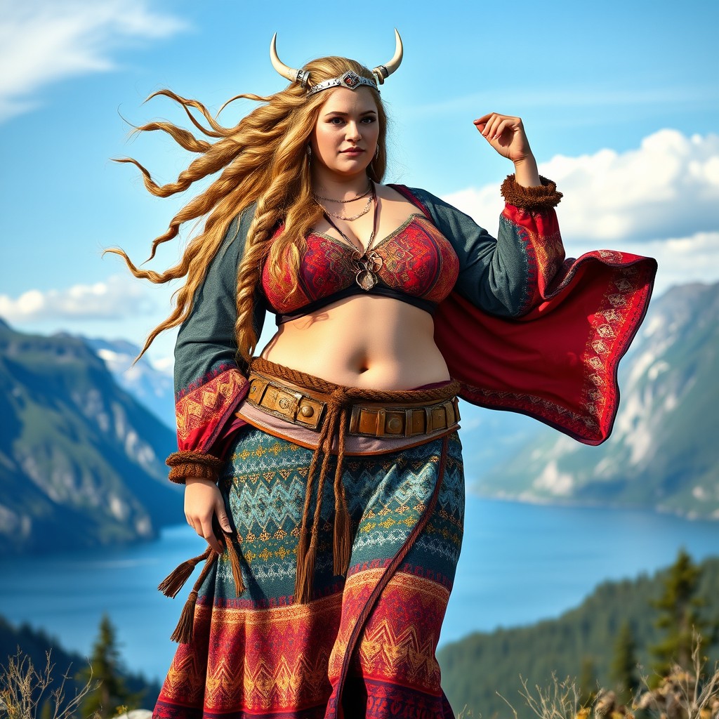 A majestic and beautiful curvy giant Norwegian Viking goddess standing confidently, adorned in a stylish dress that playfully reveals her bellybutton