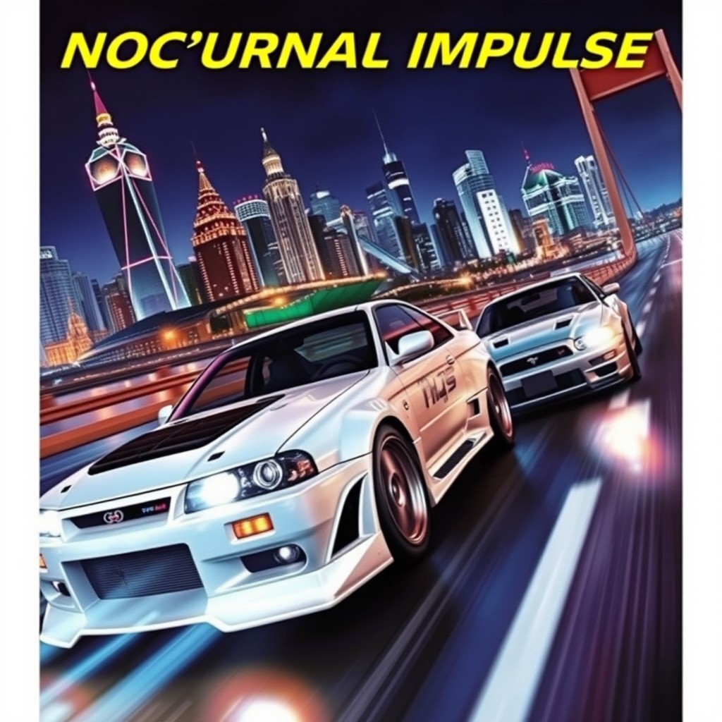 The cover of a video game titled 'Nocturnal Impulse', showcasing a vibrant night cityscape featuring the iconic Moscow City skyscrapers illuminated against the night sky