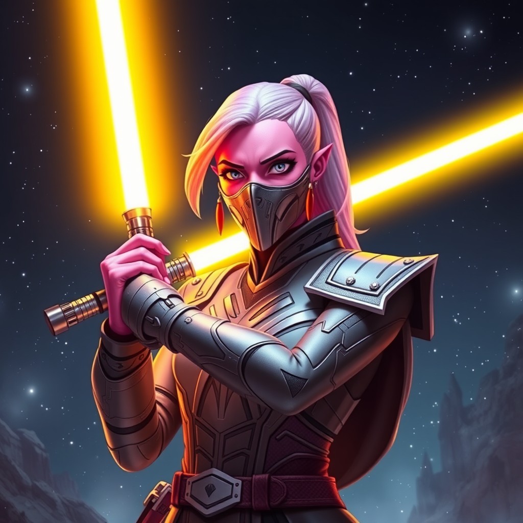 A female Zeltron Jedi standing heroically with a yellow lightsaber ignited, showcasing her vibrant pink skin and distinctive features