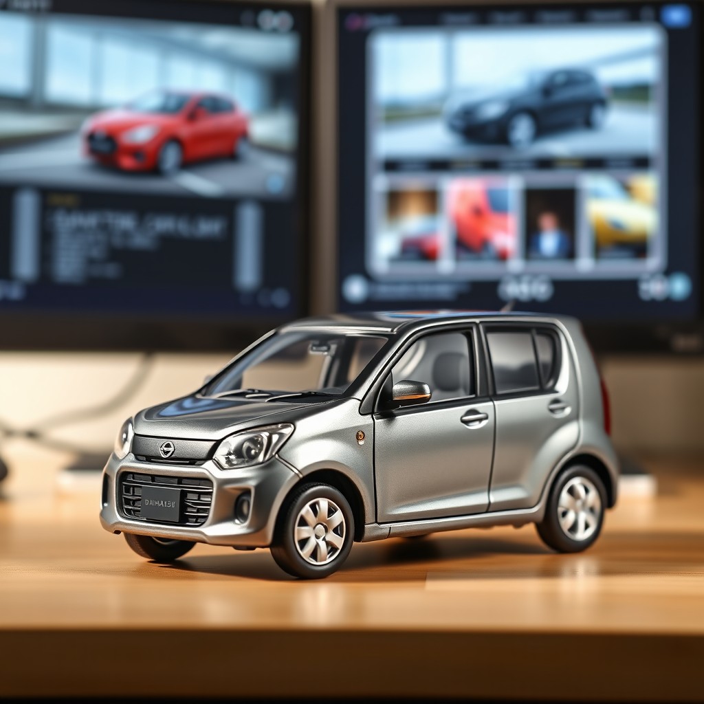 A miniature Daihatsu Charade car in grey color, detailed and realistic, placed realistically in front of a computer backdrop featuring a stylish desk setup with a modern computer screen displaying car-related content