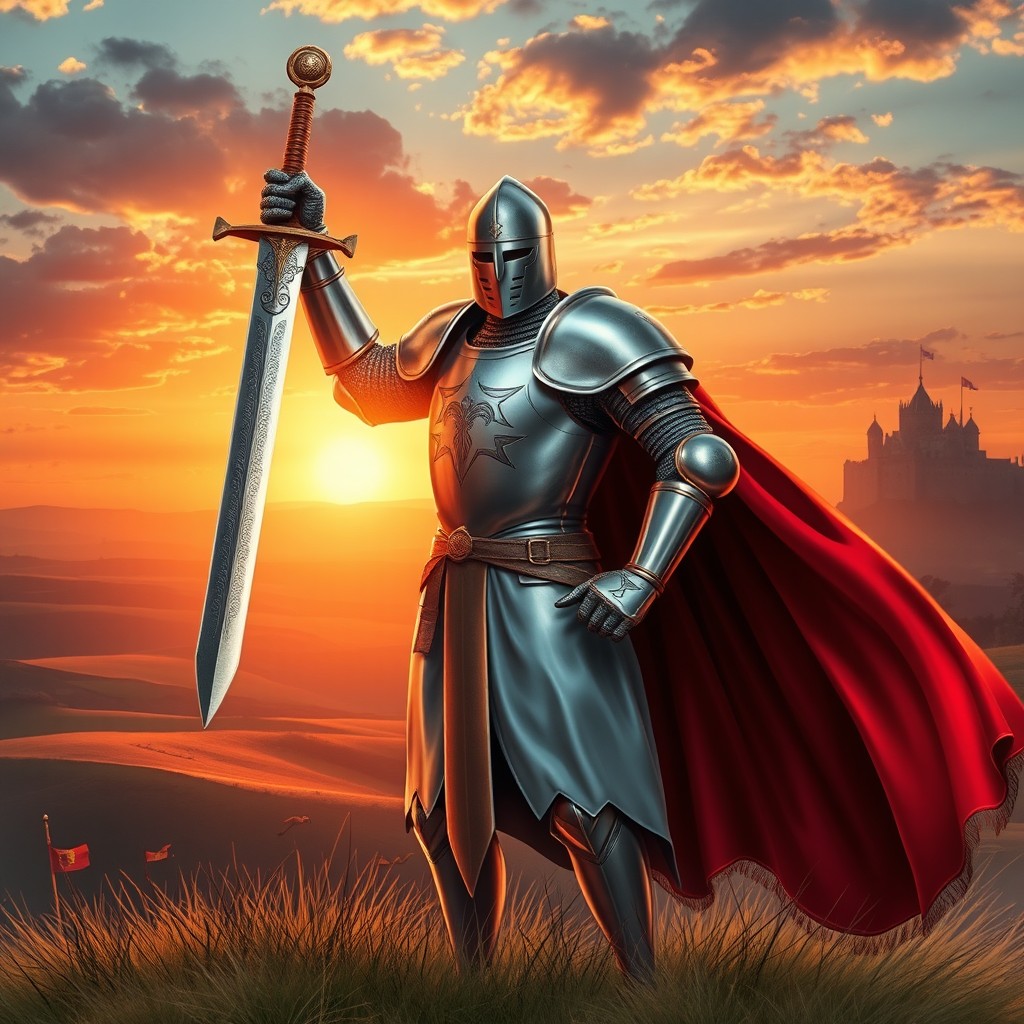 A captivating scene symbolizing honor, featuring a majestic knight in shining armor, standing tall on a hilltop