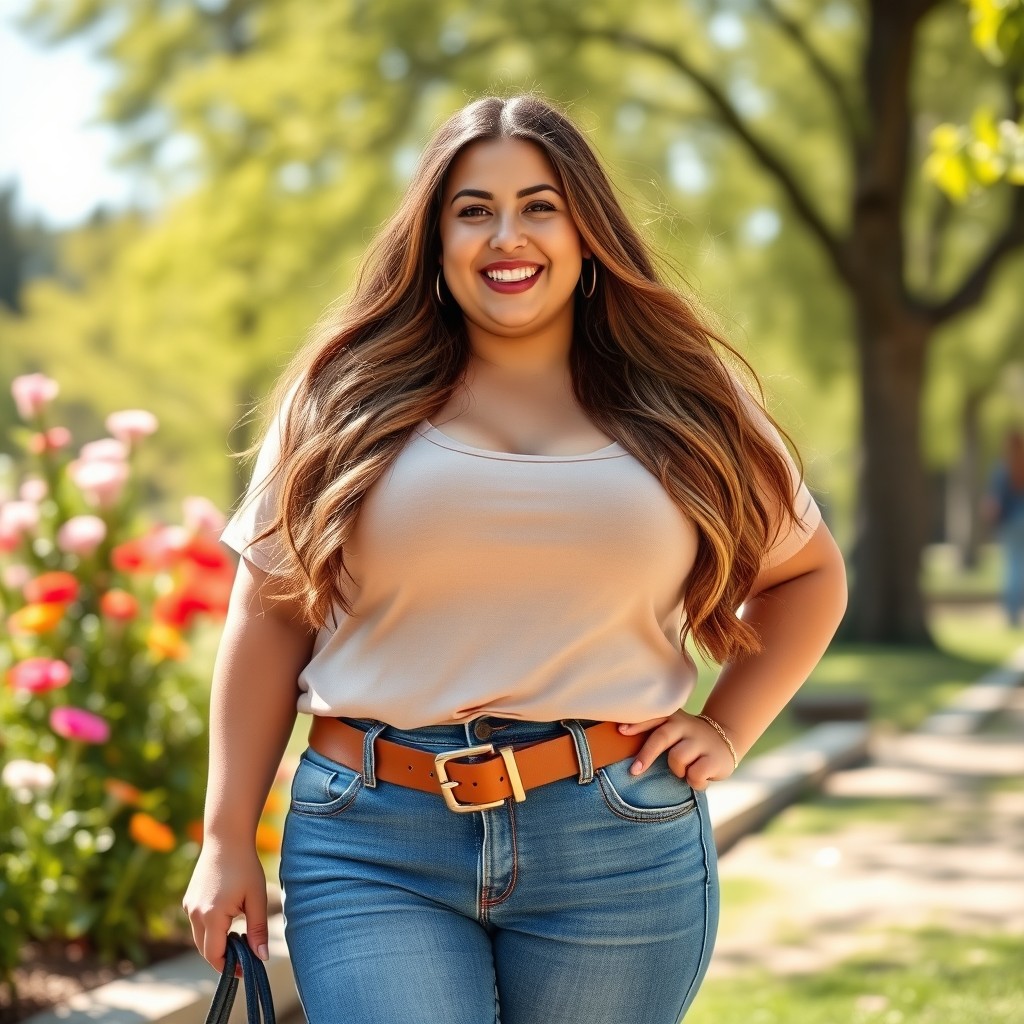 A beautiful plus size mother confidently wearing stylish jeans that accentuate her curves, standing in a vibrant park during a sunny day