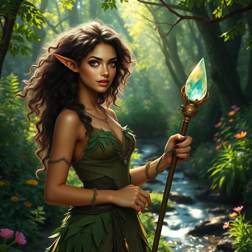 A beautiful Hispanic half-elf druid with flowing curly hair and captivating amber eyes, standing in a lush forest
