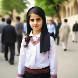 A young girl proudly wearing a typical Iranian school uniform, demonstrating cultural authenticity.