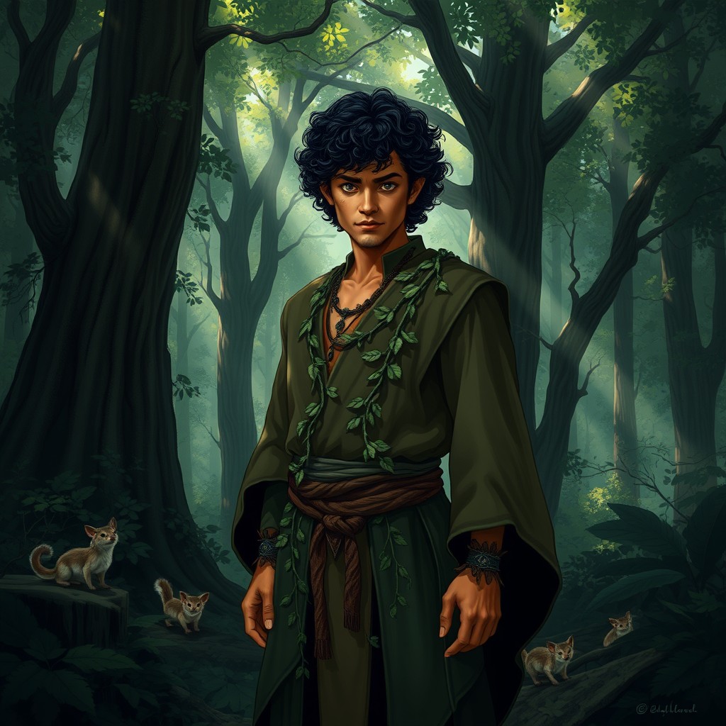 A Hispanic half-elf druid with curly hair and striking green eyes, standing confidently in a dark, mystical forest surrounded by towering trees and dense foliage