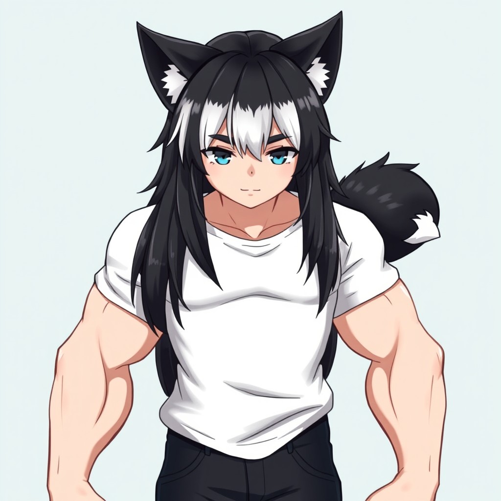 A tall, broad, muscled man with a middle-length wolf cut hairstyle, featuring a middle part with black hair and a striking white fringe that is eye length