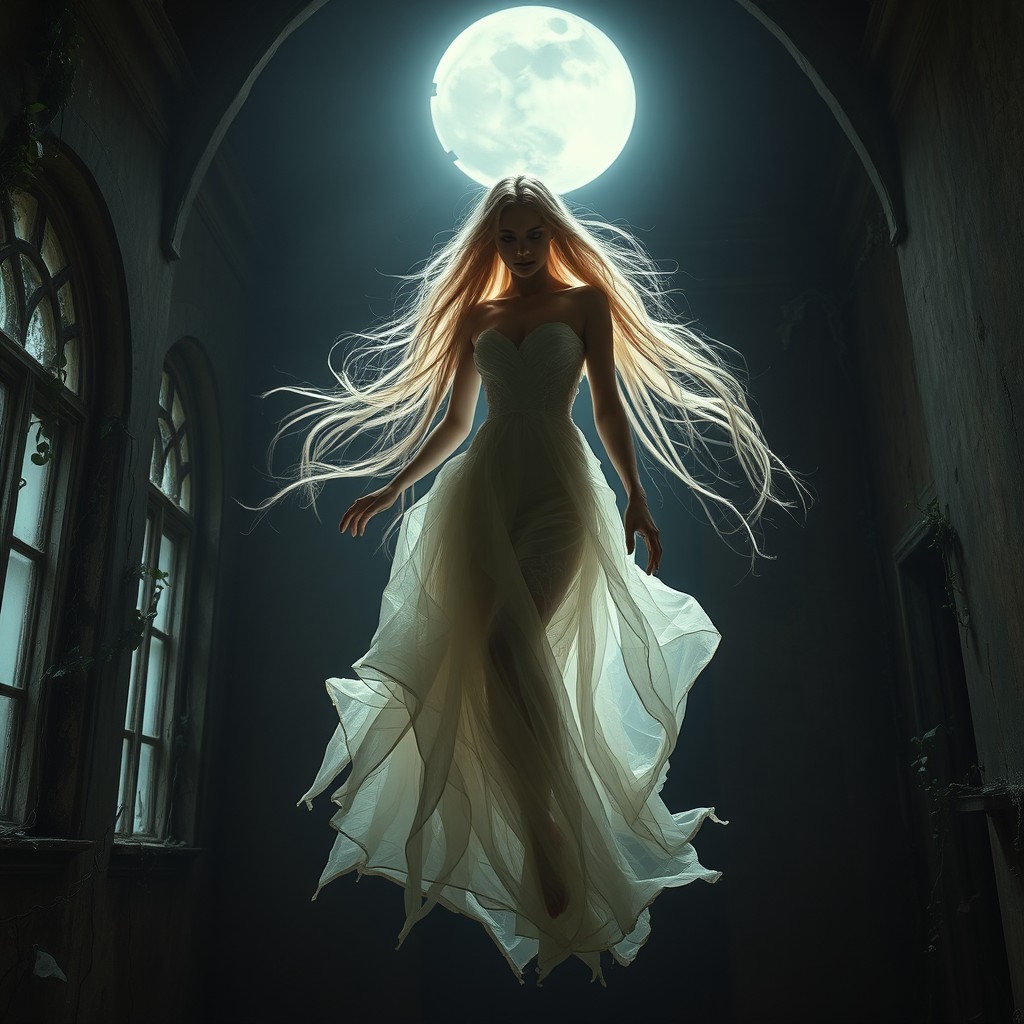 A mysterious and enchanting ghostly lady floating in a dimly lit, atmospheric environment