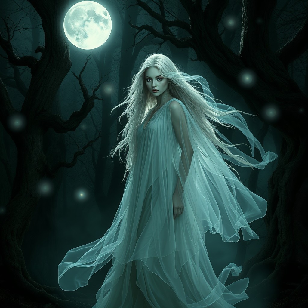 A mysterious and ethereal ghostly woman, draped in a flowing, translucent gown that flickers like smoke in the moonlight