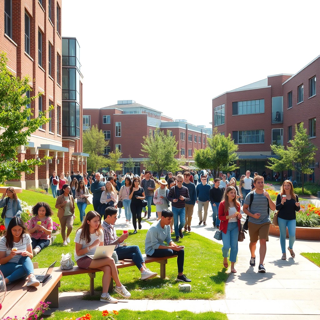 A lively college campus scene during the day, showcasing students walking between classes