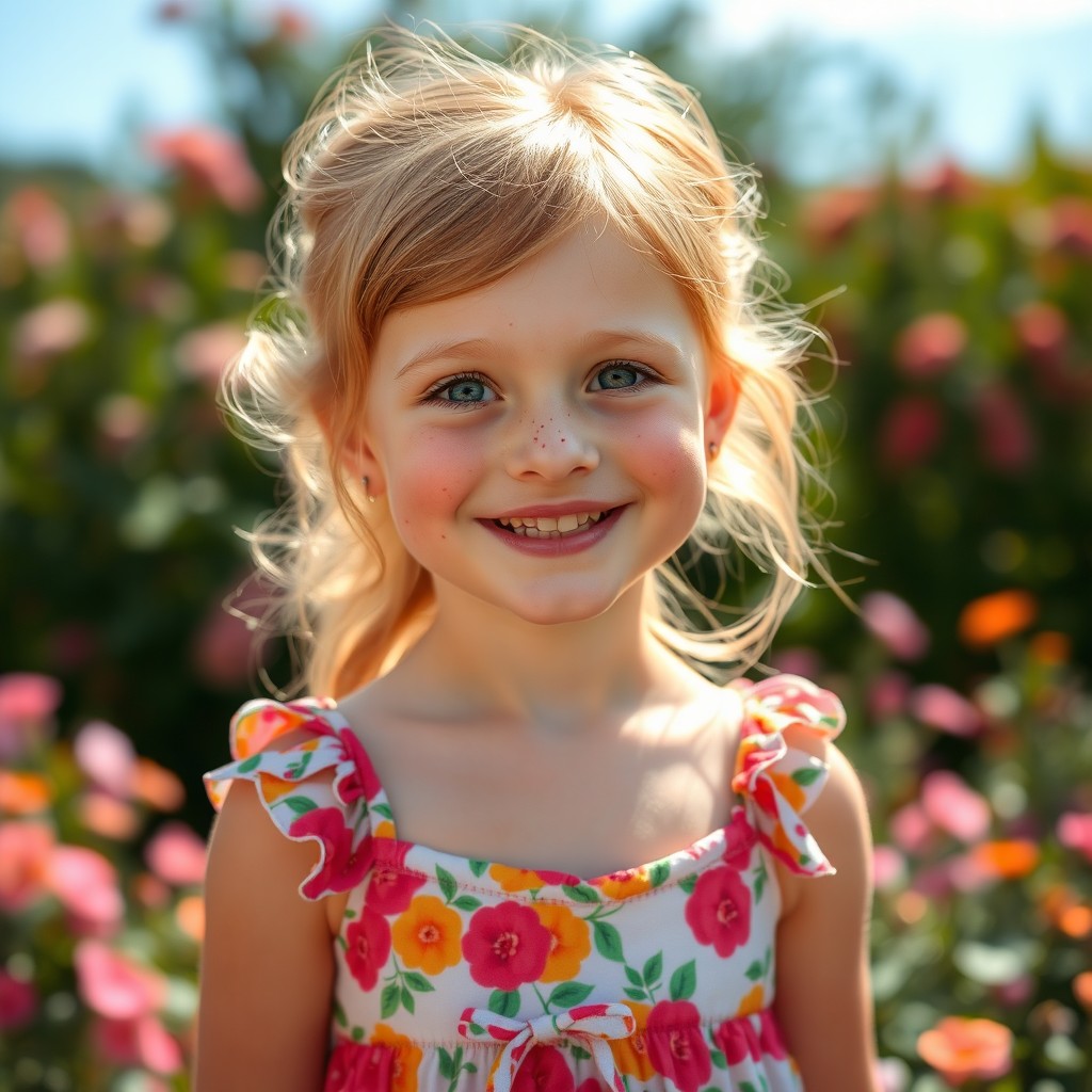 A portrait of a young girl with strawberry blonde hair, prominent freckles across her cheeks, and bright blue eyes, smiling joyfully