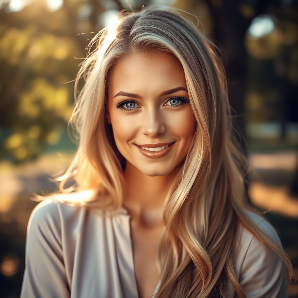 A stunning portrait of a woman with long, flowing blonde hair and captivating blue eyes