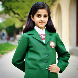 A young girl proudly wearing a typical Iranian school uniform, demonstrating cultural authenticity.