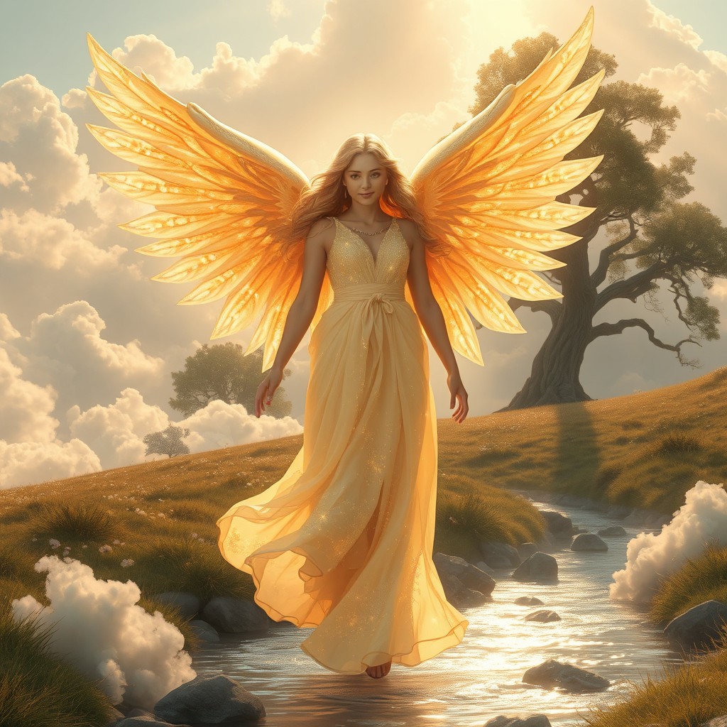 An ethereal angelic figure named Haven, adorned with shimmering wings that radiate a soft golden light