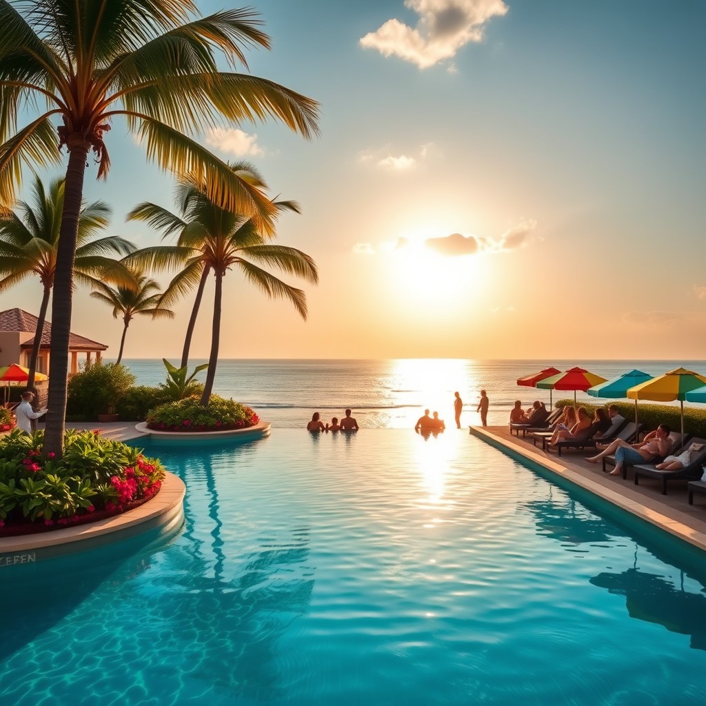 A luxurious beach resort featuring a stunning infinity swimming pool that overlooks the ocean