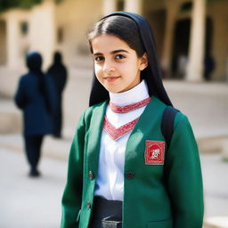 A young girl proudly wearing a typical Iranian school uniform, demonstrating cultural authenticity.