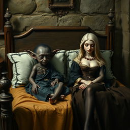 Em um palácio medieval, duas figuras estão deitadas em uma cama antiga