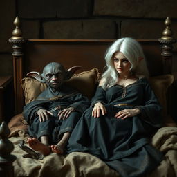 Em um palácio medieval, duas figuras estão deitadas em uma cama antiga