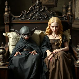 Em um palácio medieval, duas figuras estão deitadas em uma cama antiga