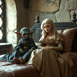 Em um palácio medieval, duas figuras estão deitadas em uma cama antiga