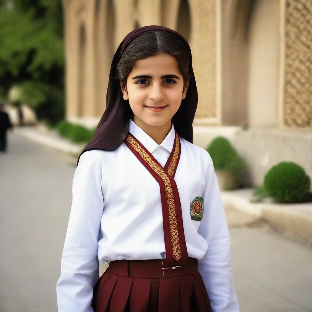 A young girl proudly wearing a typical Iranian school uniform, demonstrating cultural authenticity.