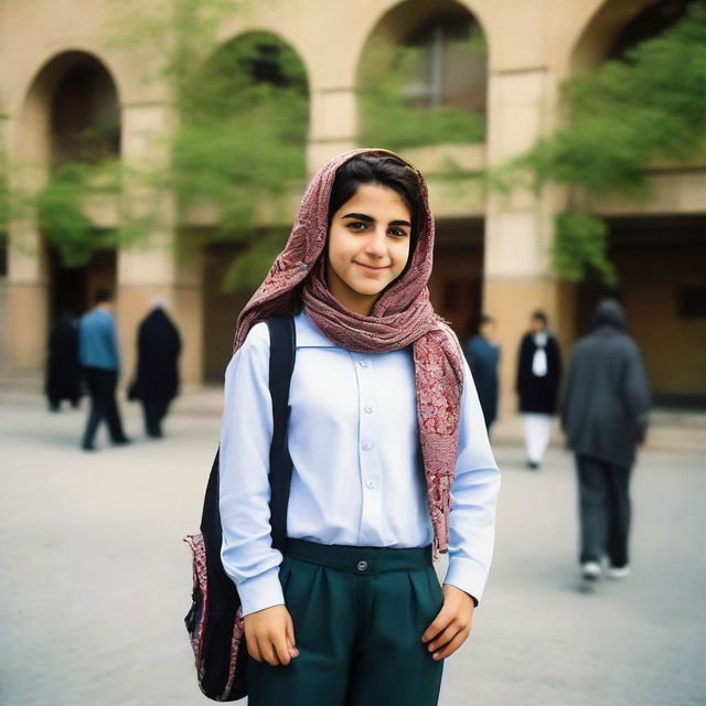 A proud Iranian girl dressed in typical school wear, surrounded by elements of an Iranian school environment.