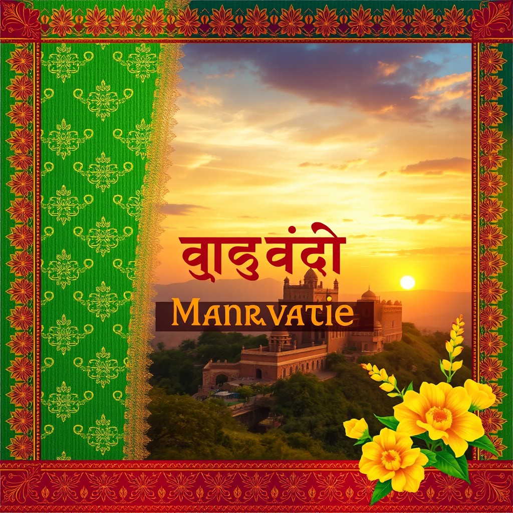 A vibrant and culturally rich cover page design inspired by Marathi culture, featuring traditional elements such as a paithani saree pattern in beautiful shades of green and gold, a decorative border with intricate Kolhapuri motifs, and a backdrop of a historic fort like Sinhagad under a sunset sky