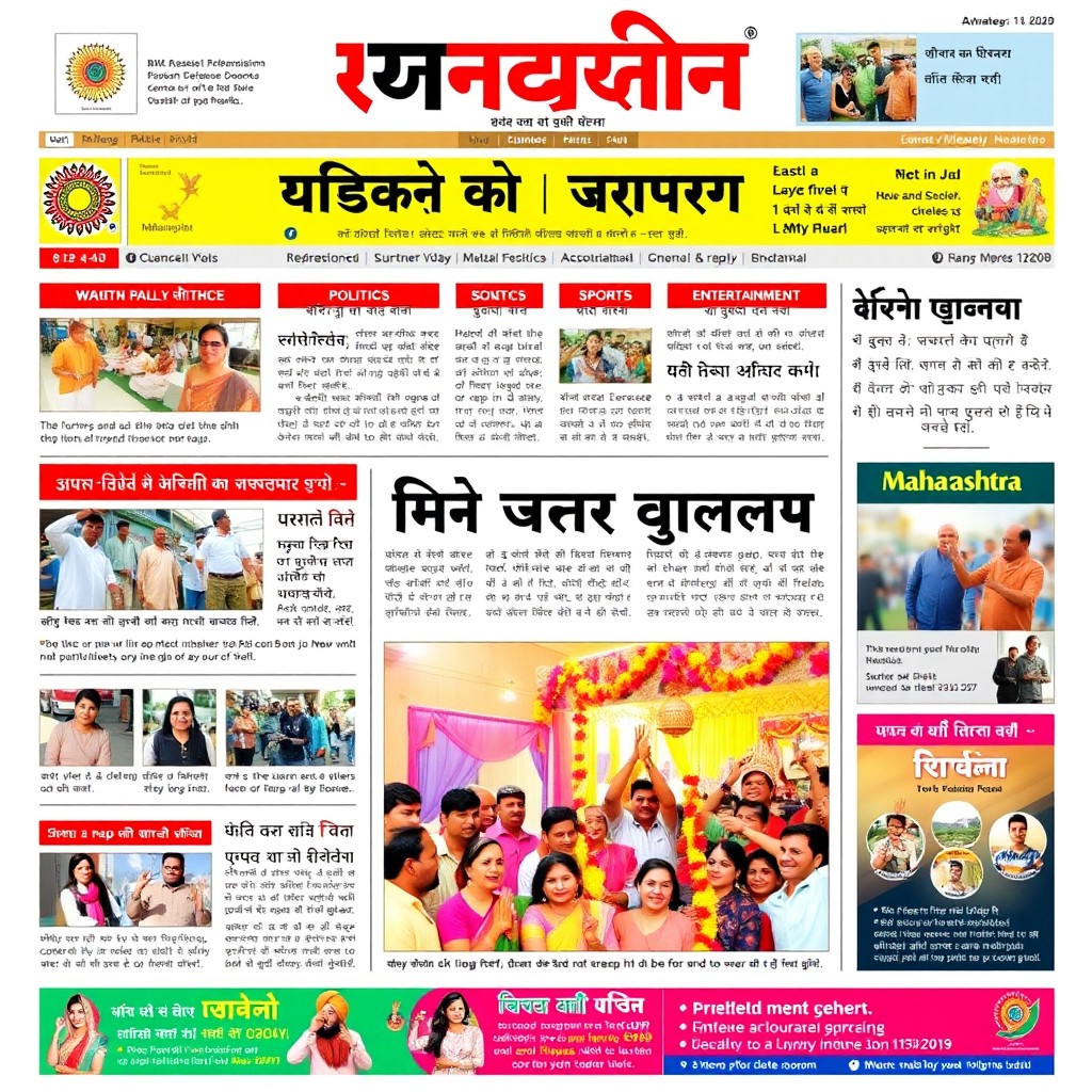 A vibrant and engaging front page of a Marathi newspaper showcasing a mix of local news headlines, colorful images, and advertisements