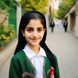 A proud Iranian girl dressed in typical school wear, surrounded by elements of an Iranian school environment.