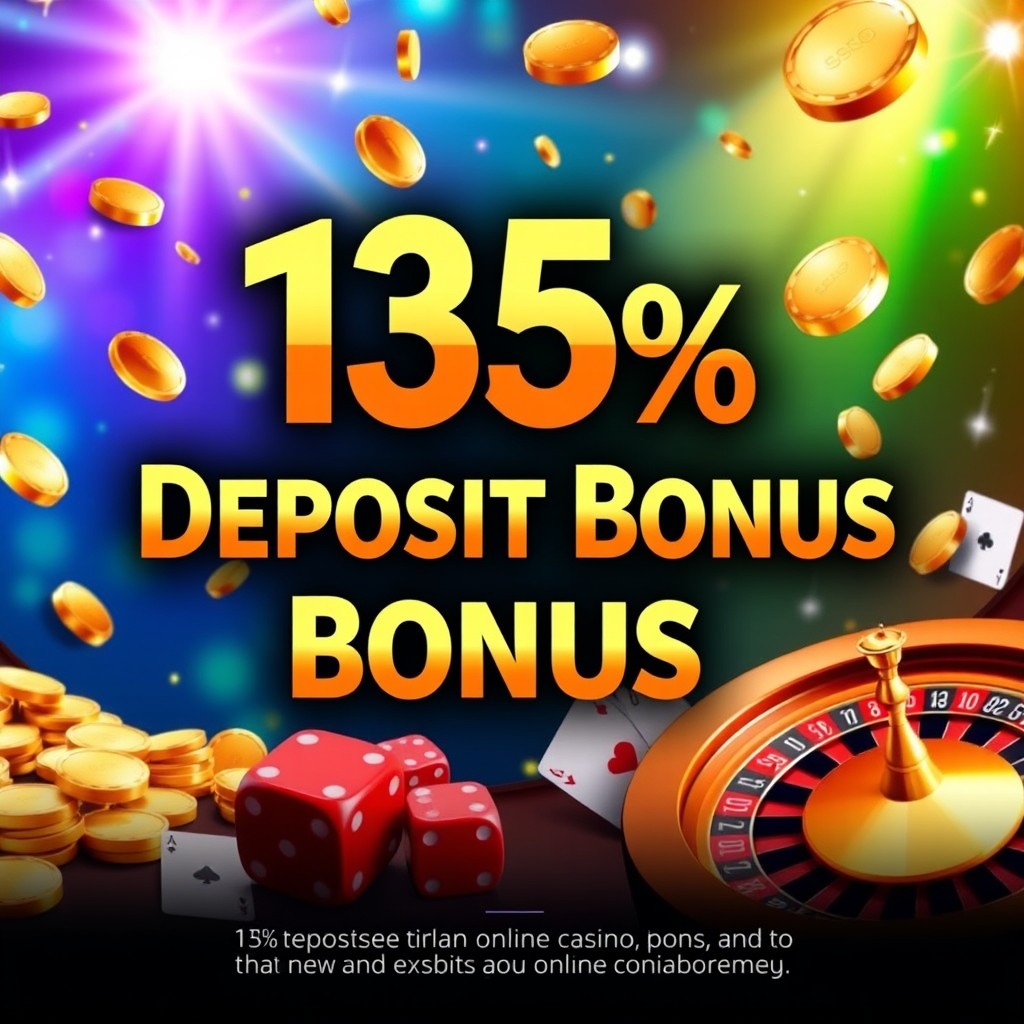 A promotional graphic for an online casino featuring a striking 135% deposit bonus offer