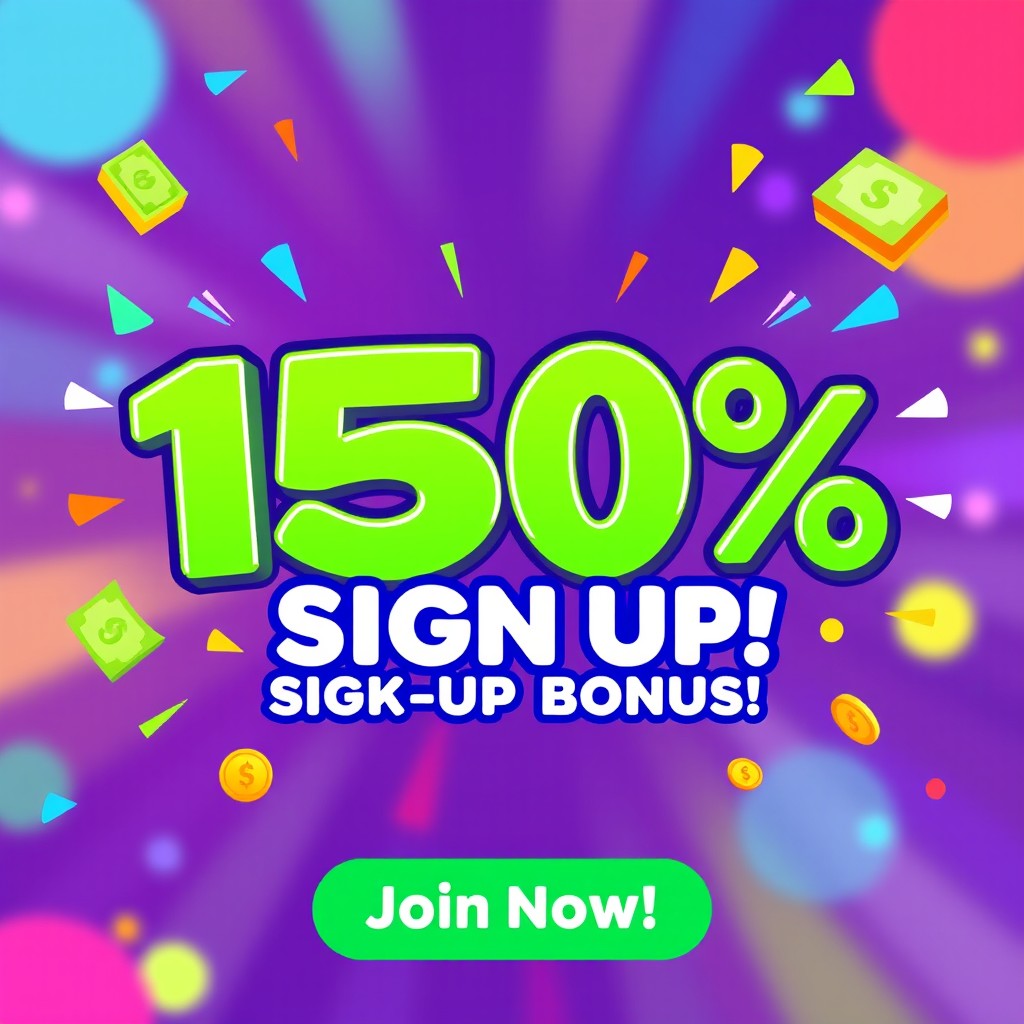 A vibrant promotional graphic for a 150% sign-up bonus, featuring bold and cheerful typography that highlights '150% Sign Up!' in eye-catching colors like blue and green